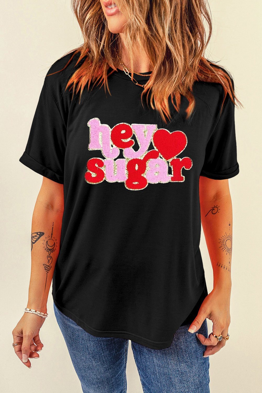 Black Chenille Heart Hey Sugar Patched Crewneck Valentines Tee