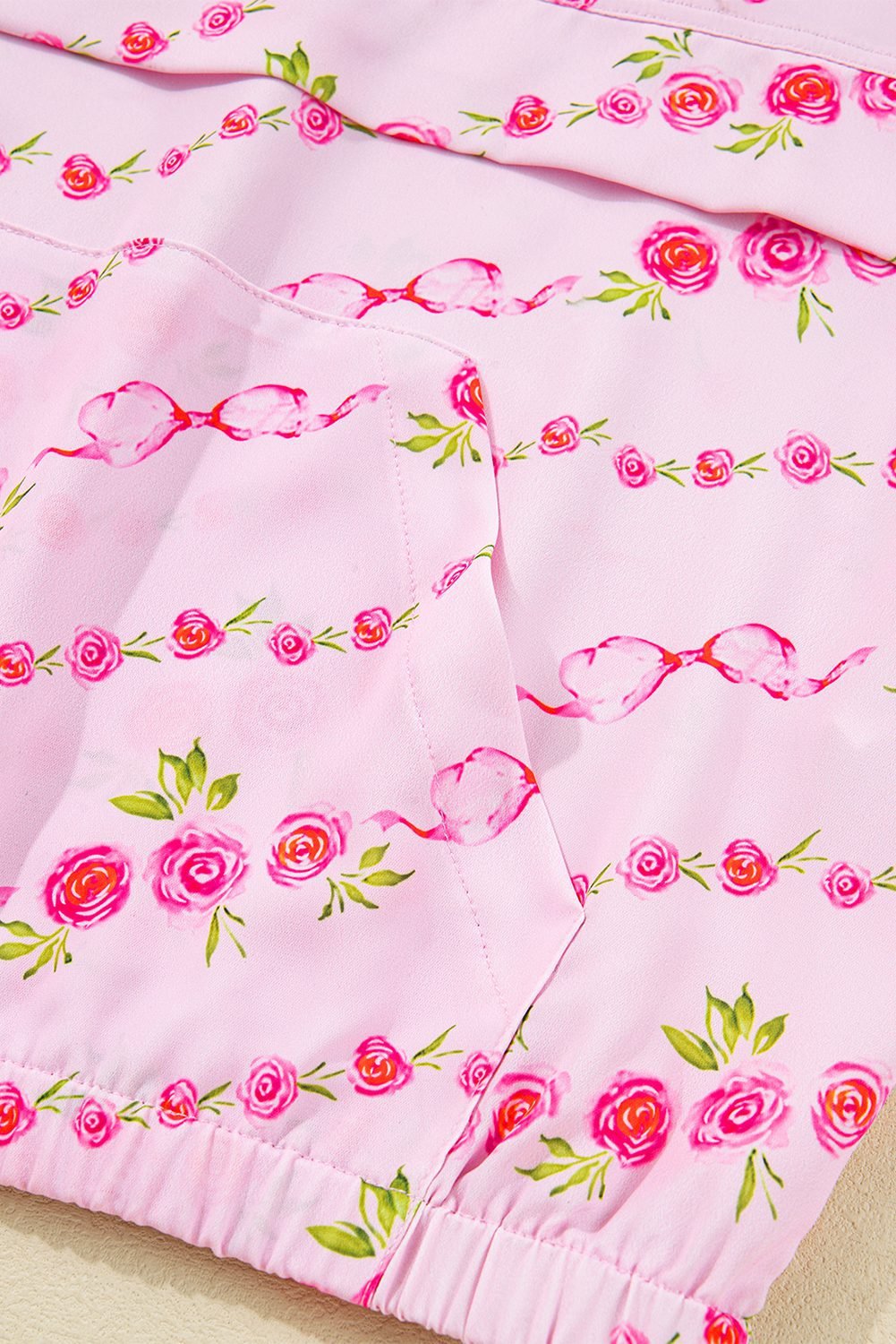 Pink Floral Print Half Zip Kangaroo Pouch Drawstring Hoodie