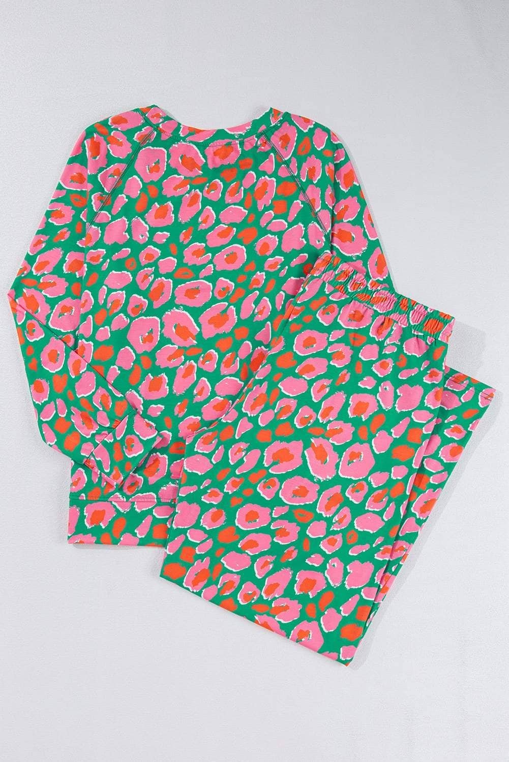 Green Plus Size Printed Long Sleeve And Pants Lounge Set