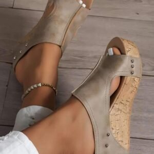 Gray Hollow Out Studded Pu Leather Wedge Slippers