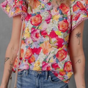 Multicolour Lace Trim Ruffle Short Sleeve Floral Blouse