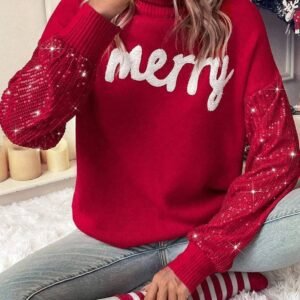 Racing Red Merry Graphic Sequin Sleeve Turtleneck Sweater