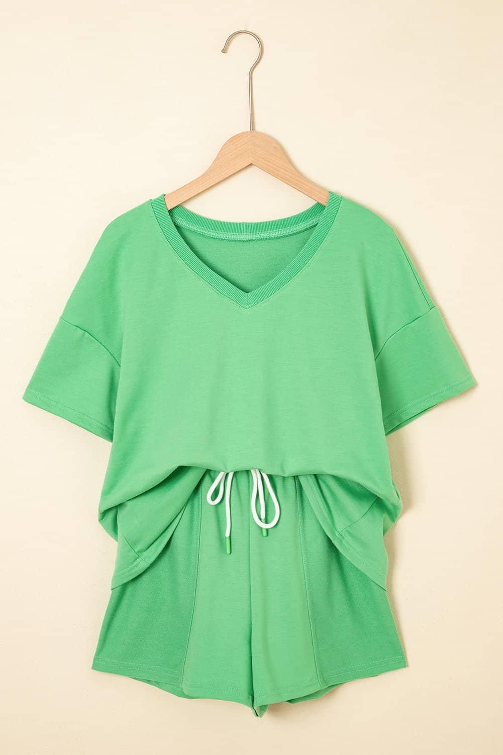 Mint Green V Neck Drop Shoulder Tee And Patchwork Drawstring Shorts Set