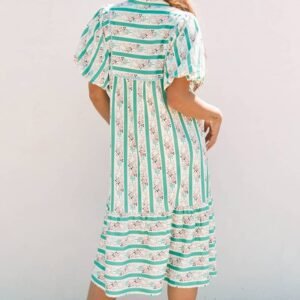 Multicolour Striped Floral Print Tie Split Neck Puff Sleeve Midi Dress