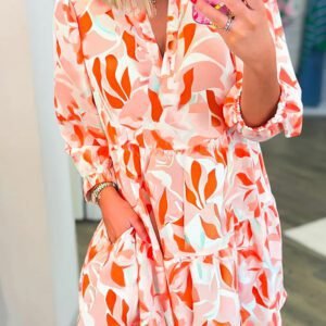 Orange Abstract Print Split Neck Long Sleeve Dress