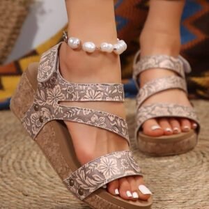 Light French Beige Floral Print Hollowed Strappy Wedged Sandals