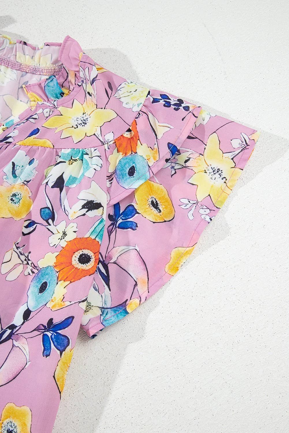 Pink Flutter Sleeve V Neck Floral Top