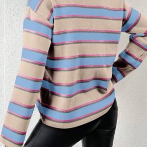 Apricot Stripe Collared V Neck Drop Shoulder Loose Sweater