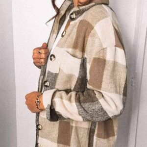 Khaki Plaid Color Block Buttoned Long Sleeve Jacket With Pocket