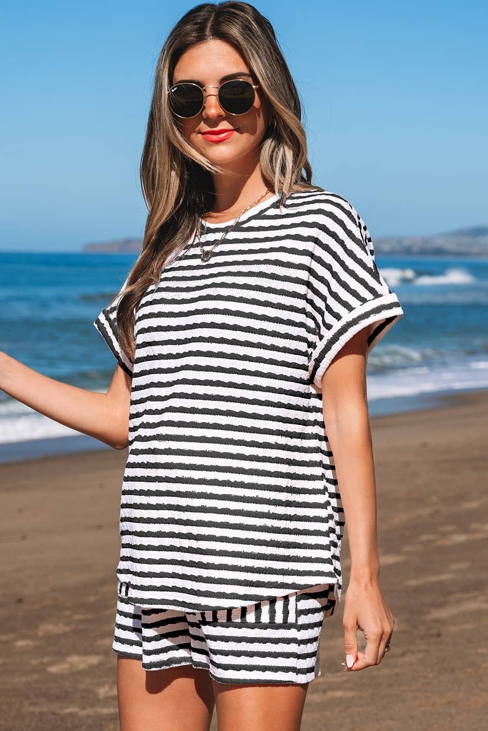 Black Stripe Knitted Short Sleeve Top And Drawstring Shorts Set