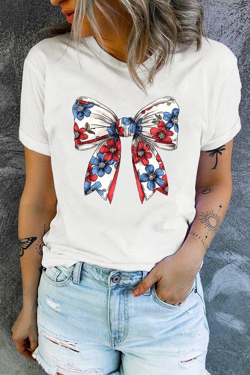 White July 4Th Flower Bowknot Print Crew Neck T Shirt