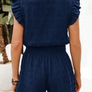 Dirty Blue Textured Square Neck Top And Shirred High Waist Shorts Set