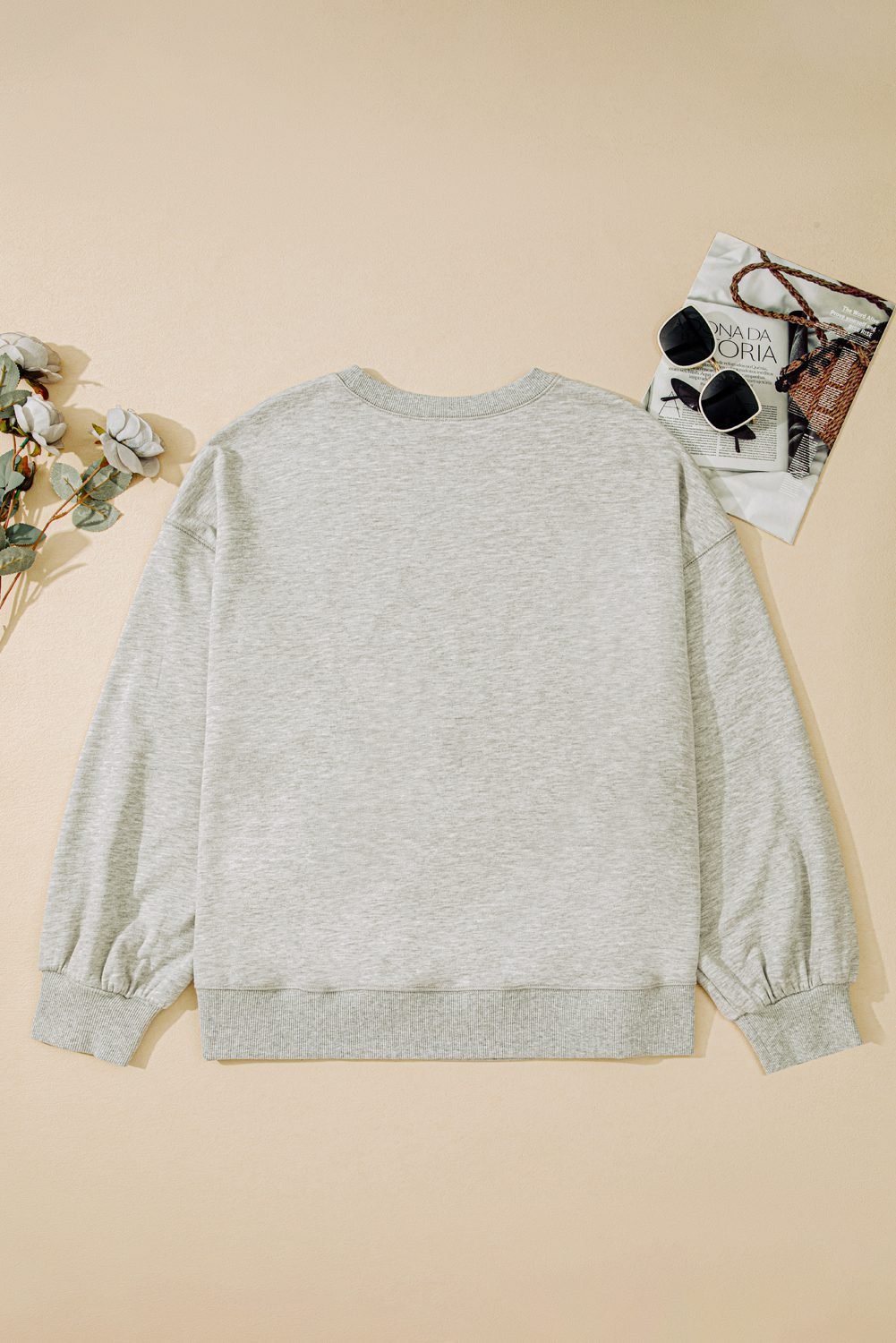 Light Grey Plus Size Thread Embroidered Drop Shoulder Round Neck Sweatshirt