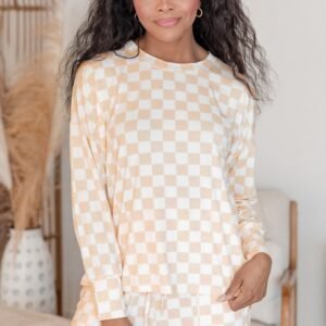 Beige Checkered Print Long Sleeve Top And Pants Lounge Set