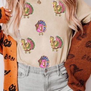 Khaki Sequin Turkey Patched Thanksgiving Graphic Tee