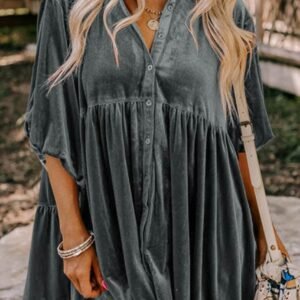 Dark Grey 3/4 Sleeve Tunic Babydoll Velvet Shirt