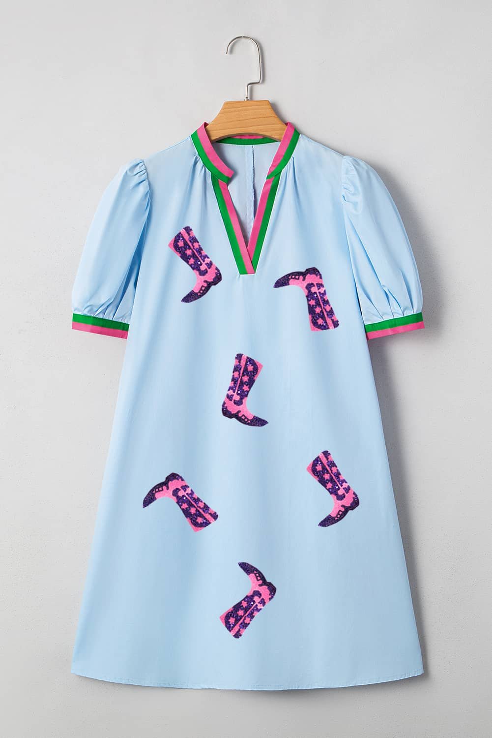 Myosotis Sequined Cowgirl Boots Pattern Contrast V Neckline Half Puff Sleeve Dress