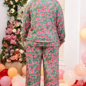 Green Plus Size Printed Long Sleeve And Pants Lounge Set