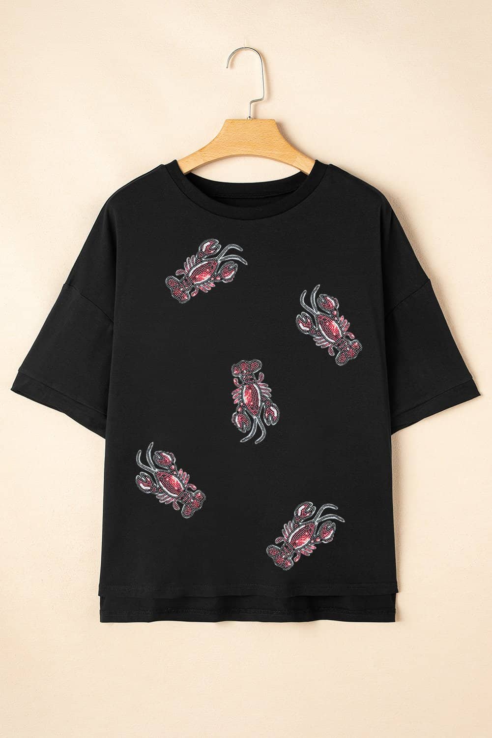 Black Sequin Crawfish Graphic High Low Loose T Shirt