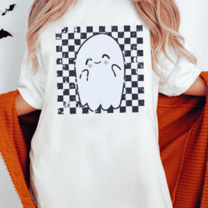 White Checkered Ghost Print Crew Neck Oversized T Shirt