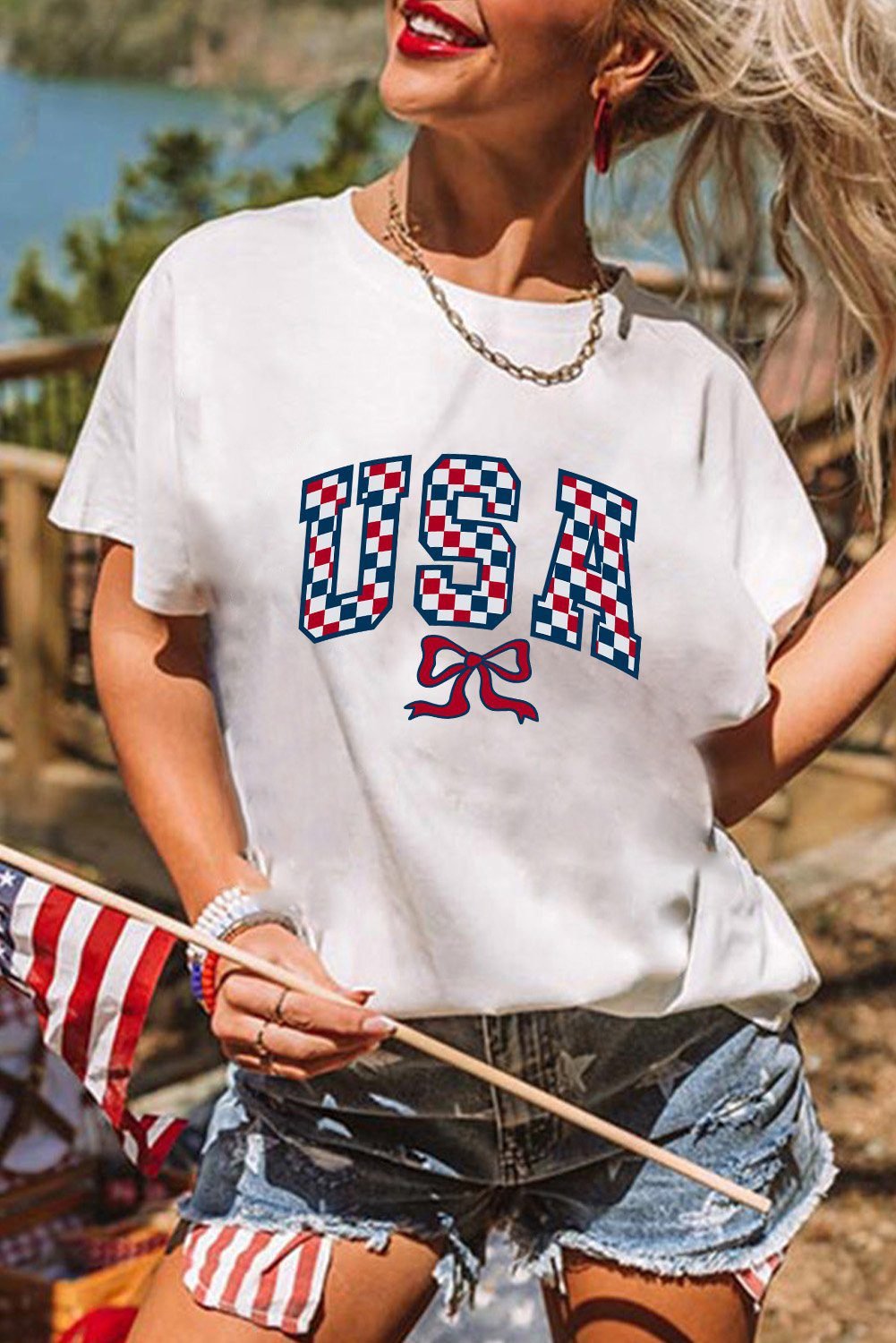 White Checkered Usa Graphic Casual Tee
