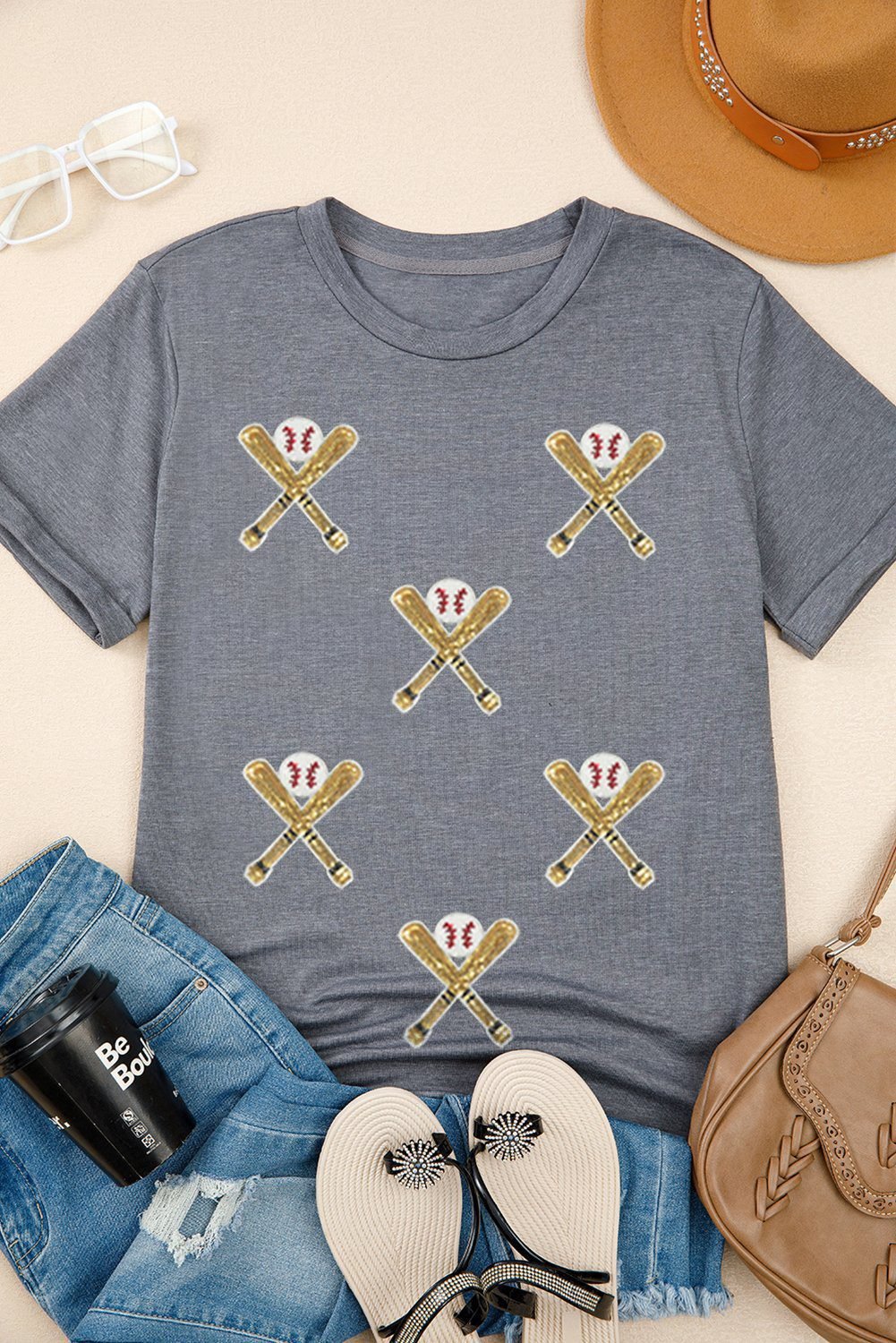 Gray Sequined Game Day Casual Tee
