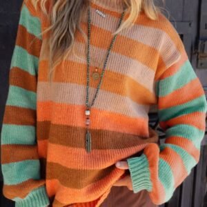 Orange Stripe Color Block High Neck Drop Shoulder Cozy Sweater