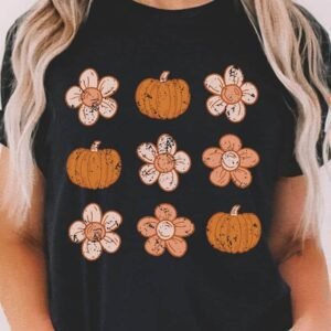 Black Pumpkin Flower Print Short Sleeve Graphic Top