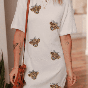 White Cute Heifer Patched Crewneck Shift T Shirt Dress