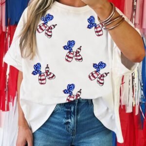 White Sequin Usa Flag Balloon Puppy Graphic Drop Shoulder High Low Tee