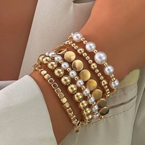Gold Minimalist Pearl Beaded Multi Layer Elastic Bracelets