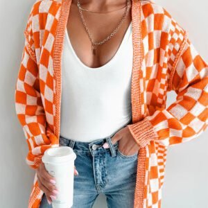 Orange Checkered Open Front Drop Shoulder Cardigan