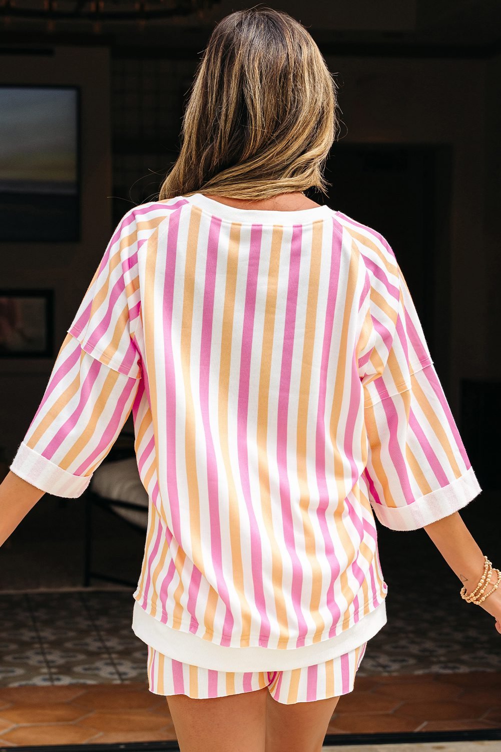 Pink Stripe Drop Shoulder Half Sleeve Loose Tee And Shorts Casual Set