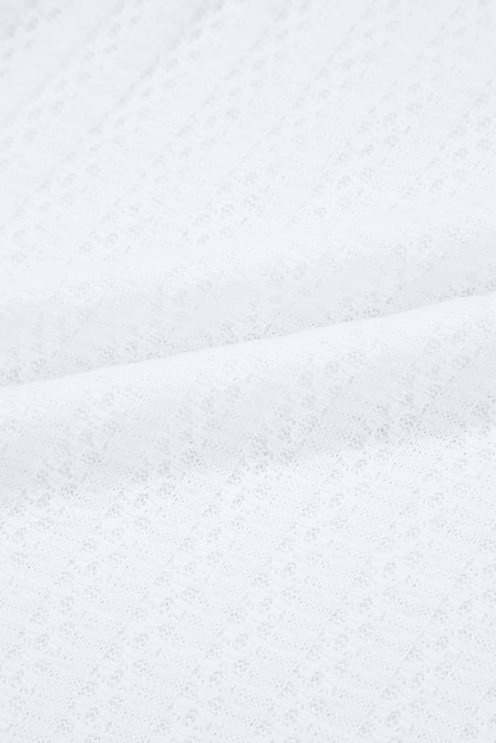 White Textured Hollow Grommet Placket Split Neck Short Sleeve Top