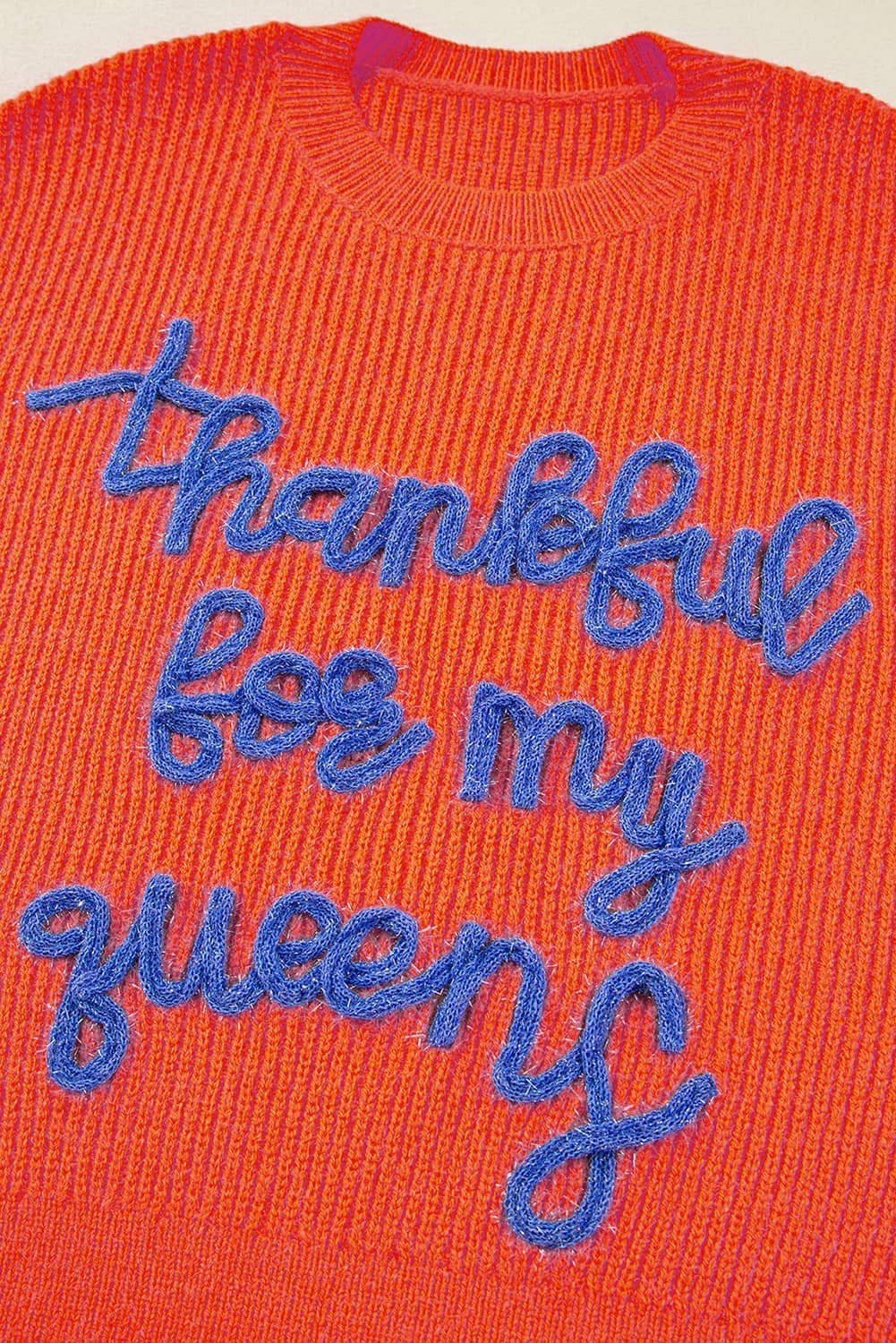 Vitality Orange Thankful For My Queens Ribbed Knit Drop Shoulder Graphic Sweater