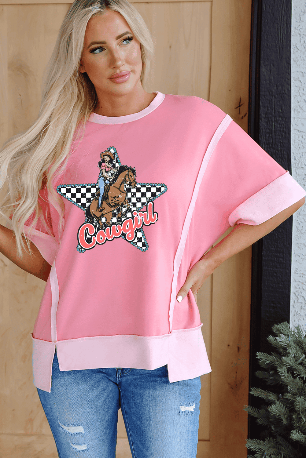 Peach Blossom Cowgirl Checkered Star Shape Print Exposed Seam T Shirt