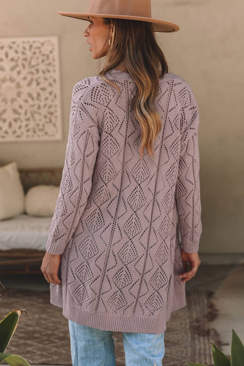 Purple Hollow-Out Openwork Knit Cardigan