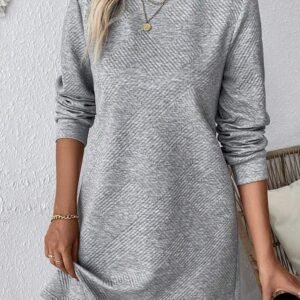 Gray Solid Color Textured Long Sleeve Shift Dress