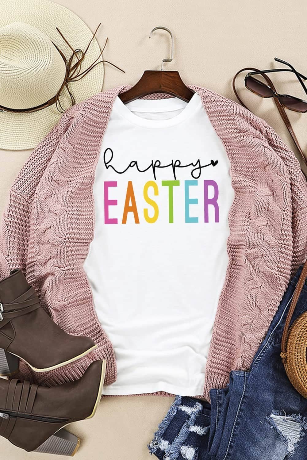 White Happy Easter Round Neck Graphic Tee