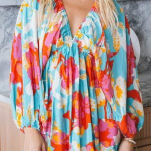 Sky Blue Floral Bracelet Sleeve Empire Waist Mini Dress