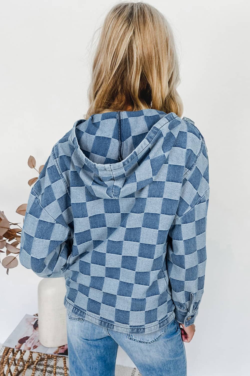 Sky Blue Checkerboard Zipped Neck Kangaroo Pocket Denim Hoodie
