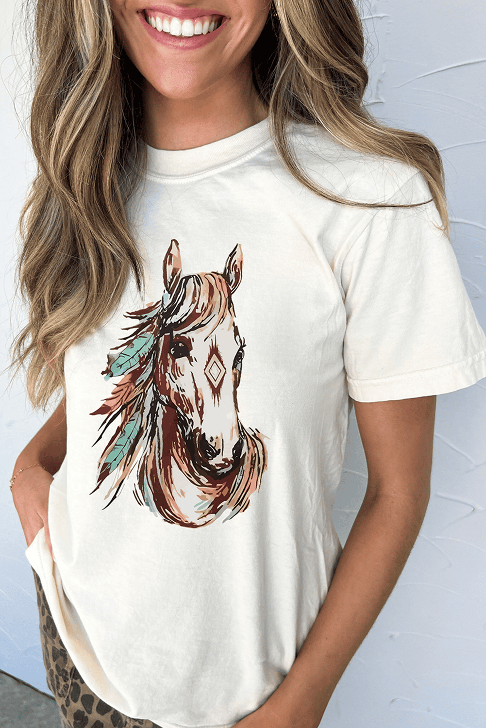 White Western Aztec Horse Graphic Crewneck Tee
