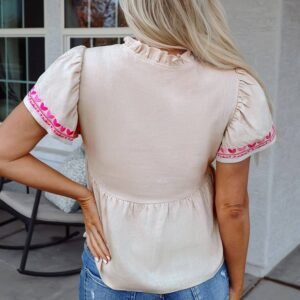 Beige Floral Embroidered Short Sleeve Notched V Neck Blouse