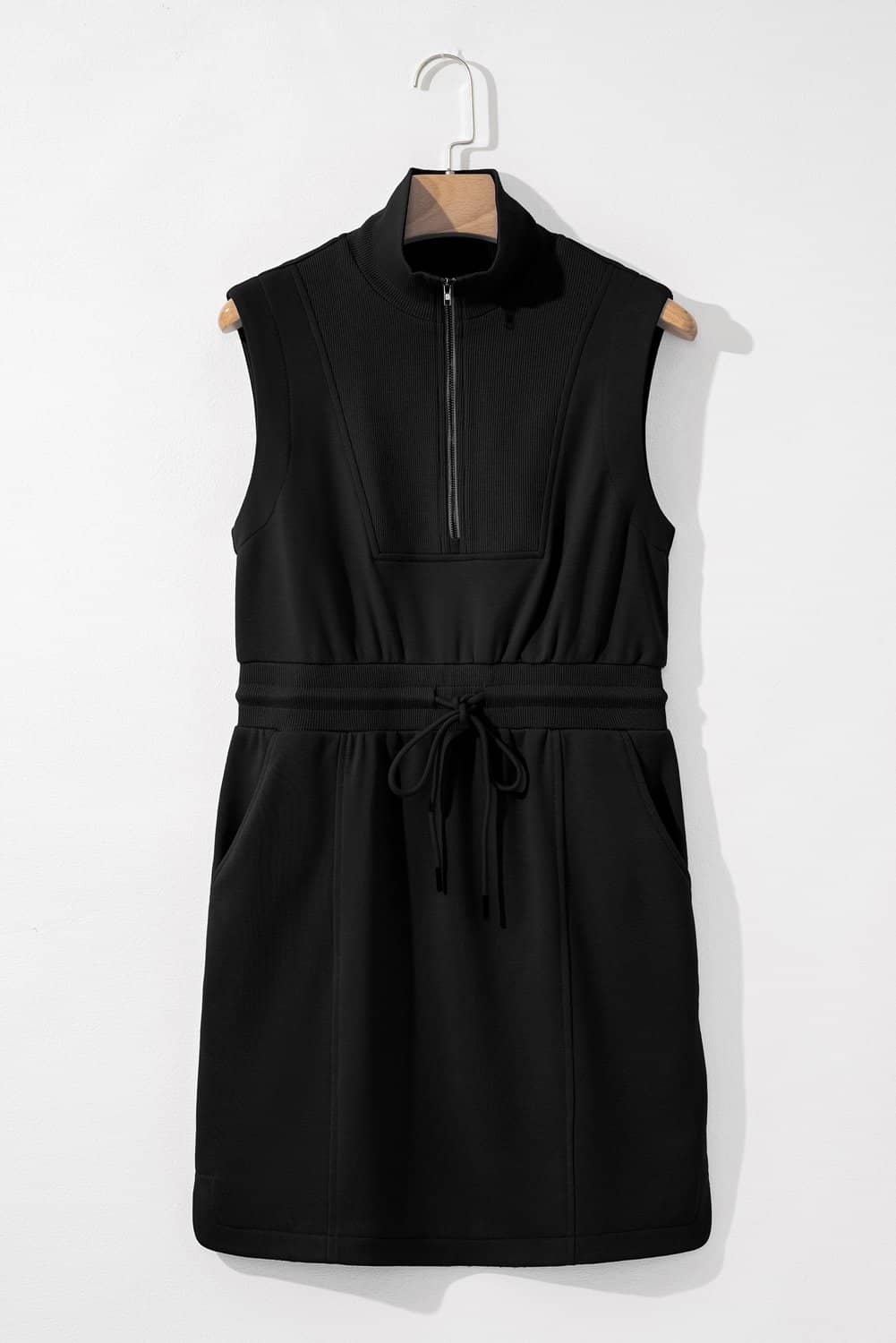 Black French Terry Zipped Collar Sleeveless Drawstring Waist Mini Dress