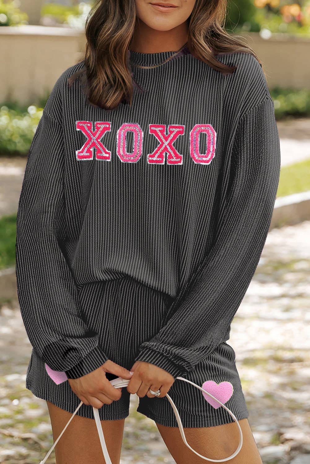 Carbon Grey Xoxo Heart Patched Pattern Long Sleeve Corded Shorts Set