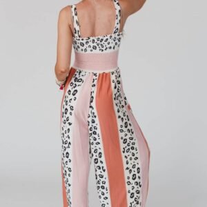Pink Leopard Color Block Mix Print Pocketed Jumpsuit