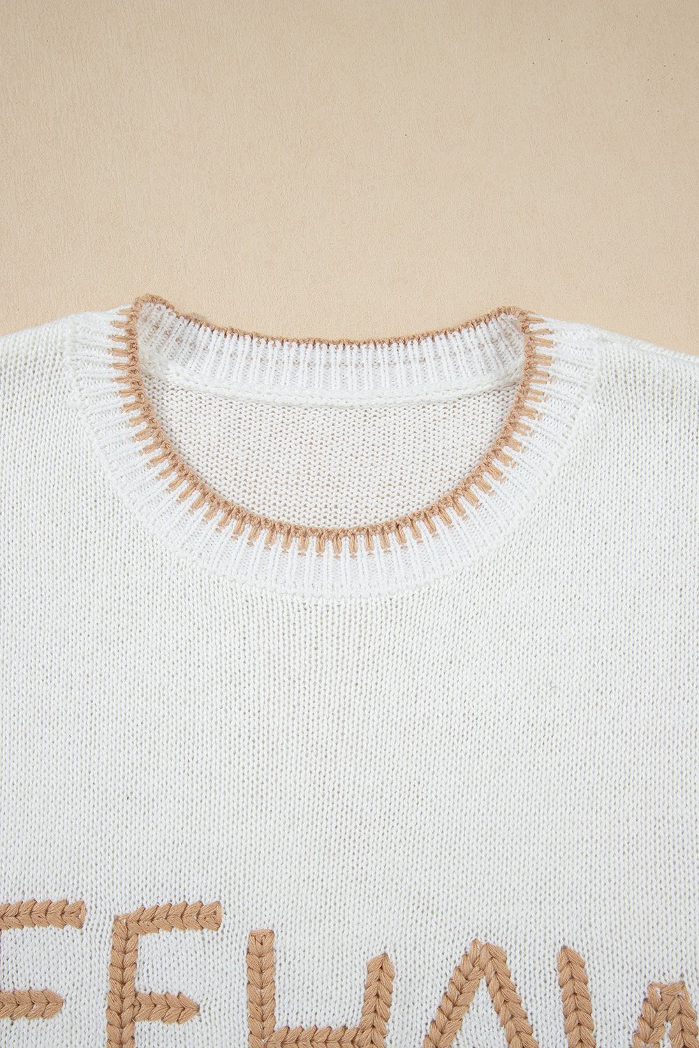 White Knitted Yeehaw Stitch Edge Crew Neck Sweater T Shirt