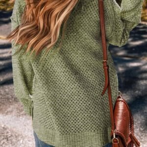 Jungle Green Loose Eyelet V Neck Drop Shoulder Sweater