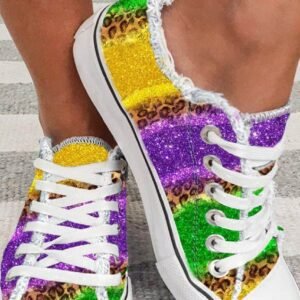 Multicolor Leopard Color Block Lace-Up Canvas Shoes