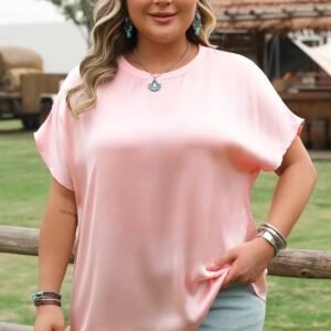 Pink Metallic Gloss Short Batwing Sleeve Plus Size Top
